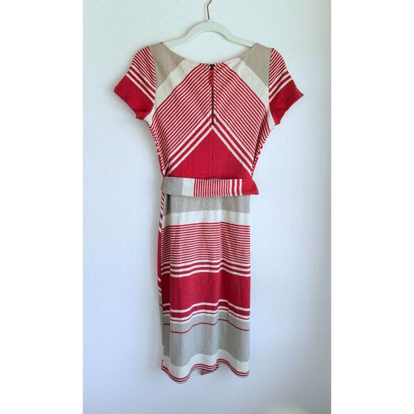 Anthropologie Lilka Sorella Mixed Stripes Short Sleeve Belted Dress in Red & Tan - Picture 5 of 12
